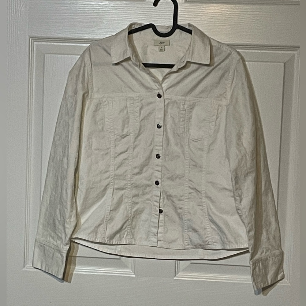 J. Jill Size S 100% Cotton White Floral Pattern Textured Jacket